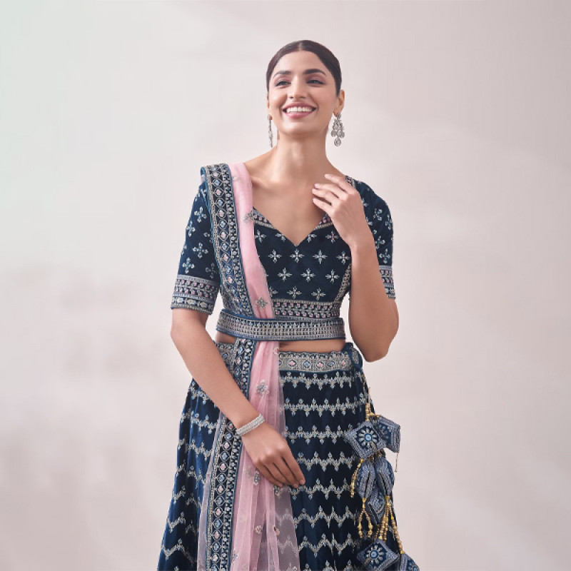 Teal Blue Embroidered Bridal Lehenga