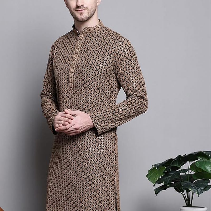 Mens Sequin Embroidered Pure Cotton Kurtas